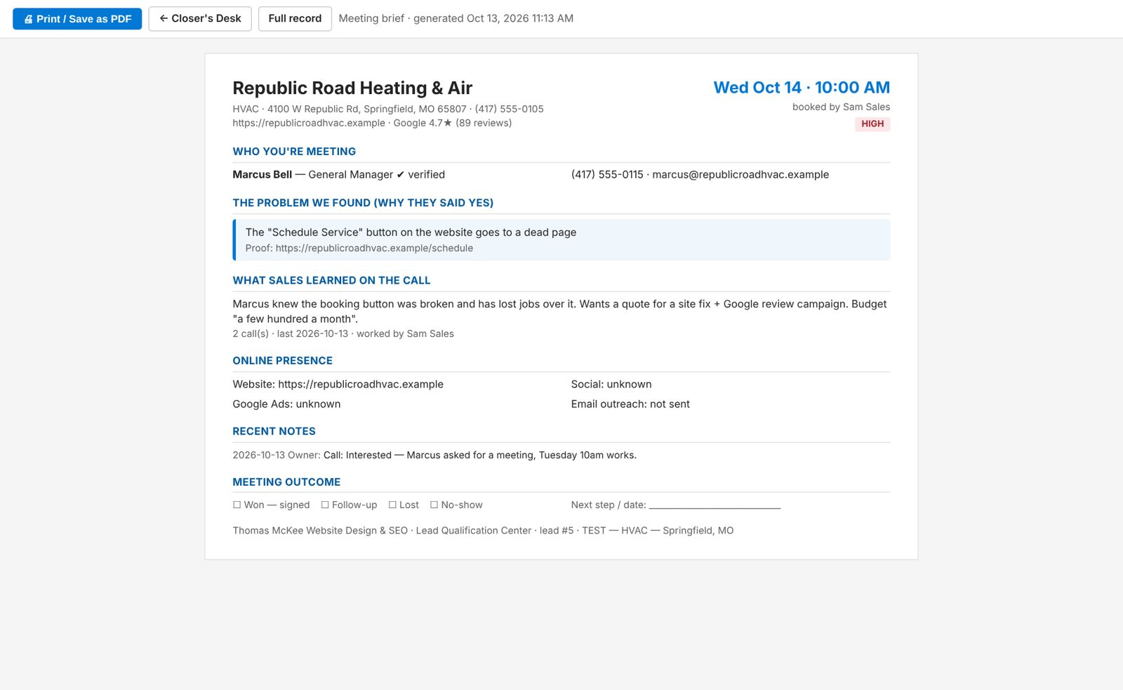 The one-page meeting brief